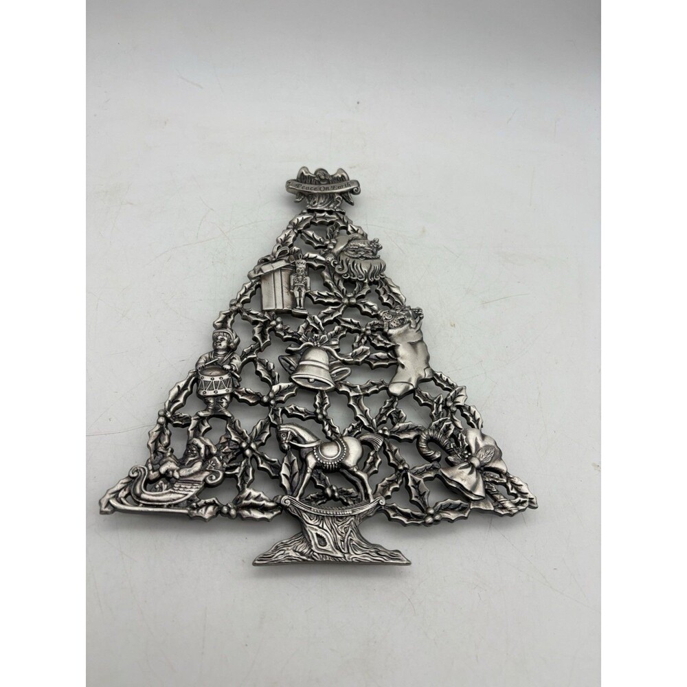 Vintage Pewter Christmas Tree Trivet Peace On Earth Holiday Decor w/ Box